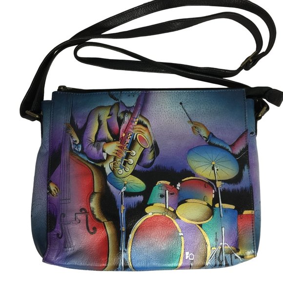 Anuschka NEVER USED Handpaint Leather Slim Crossbody Jazz Music Drum - Picture 1 of 12